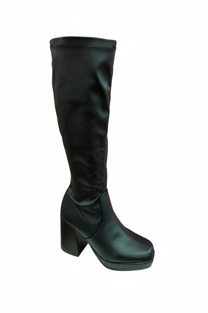 YOLA-02 BLACK FAUX LEATHER KNEE HIGH BLOCK HEEL PLATFORM BOOT