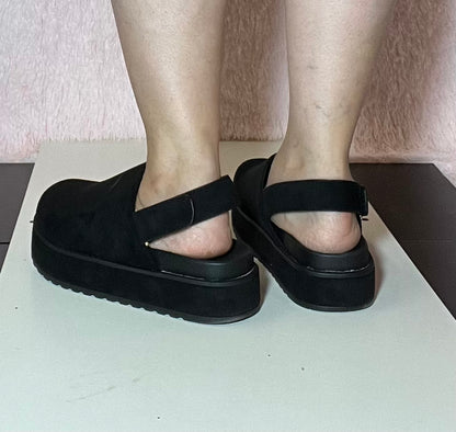 RENO-1 Black Faux Suede Platform Clog Slingback