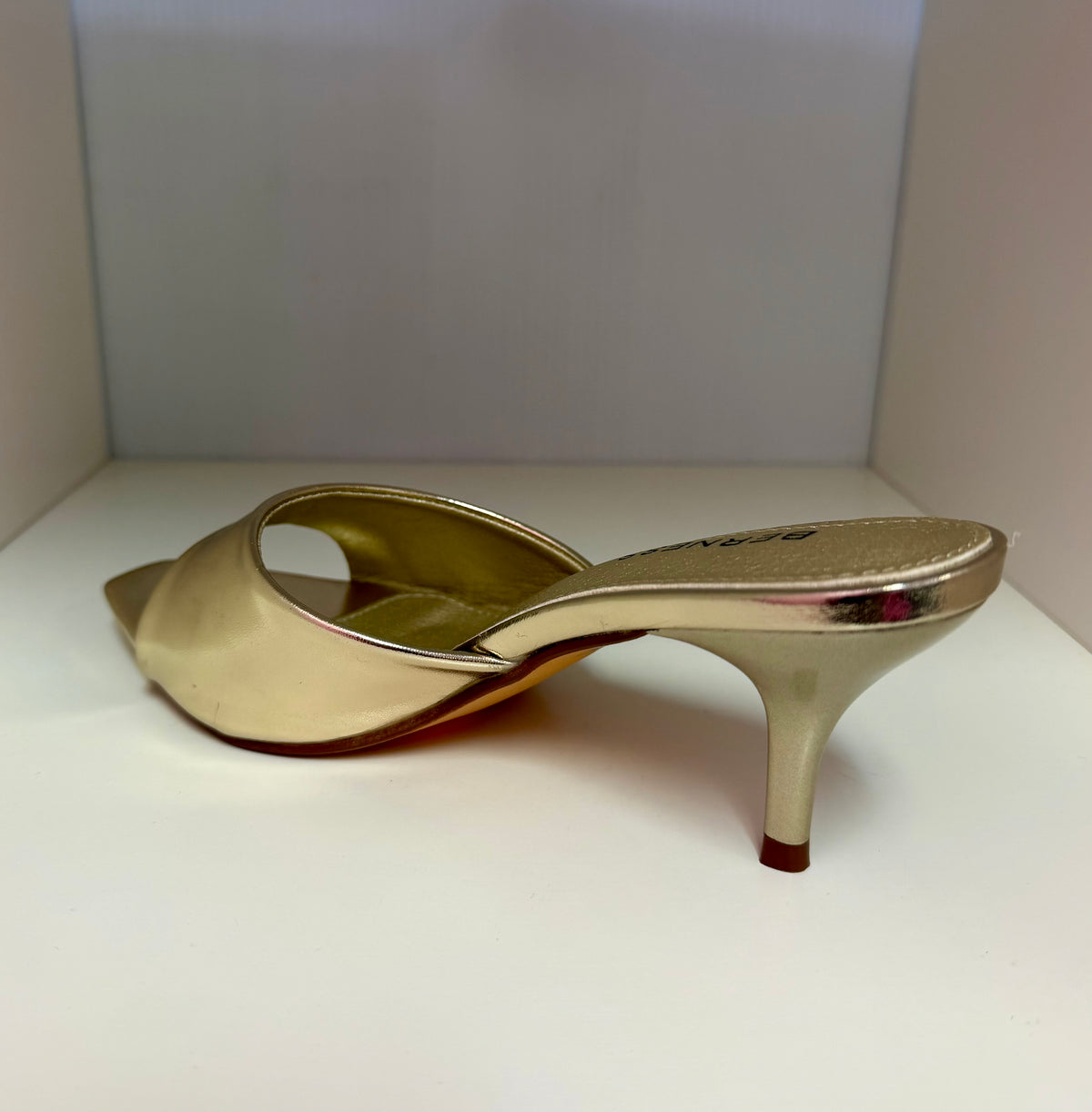 MONROE-05 GOLD METALLIC FAUX LEATHER SLIP ON MULE KITTEN HEEL