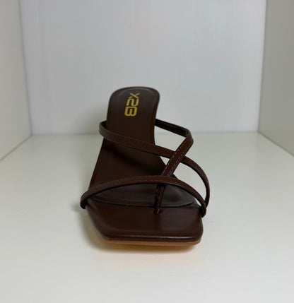 HALLIE-1 BROWN FAUX LEATHER STRAPPY SPLIT TOE SLIP-ON MULE KITTEN HEEL SANDALS