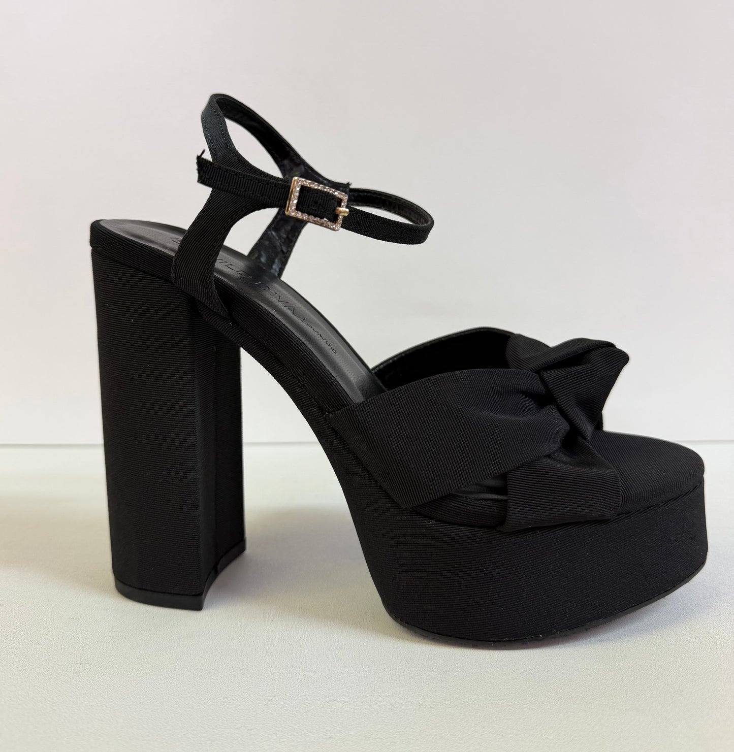 GENEVA-01 BLACK FABRIC KNOTTED STRAPS PLATFORM BLOCK HEELS