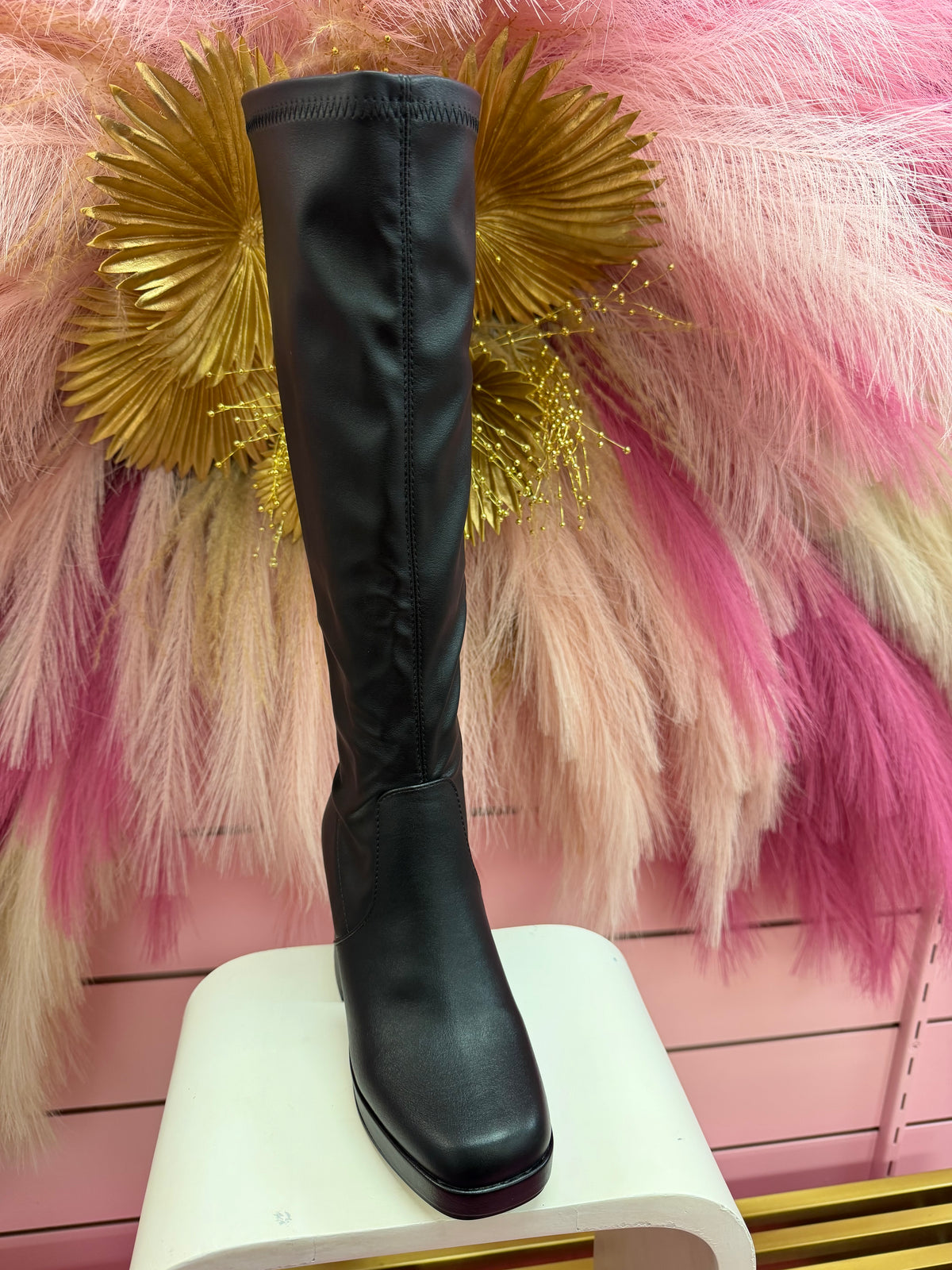 YOLA-02 BLACK FAUX LEATHER KNEE HIGH BLOCK HEEL PLATFORM BOOT