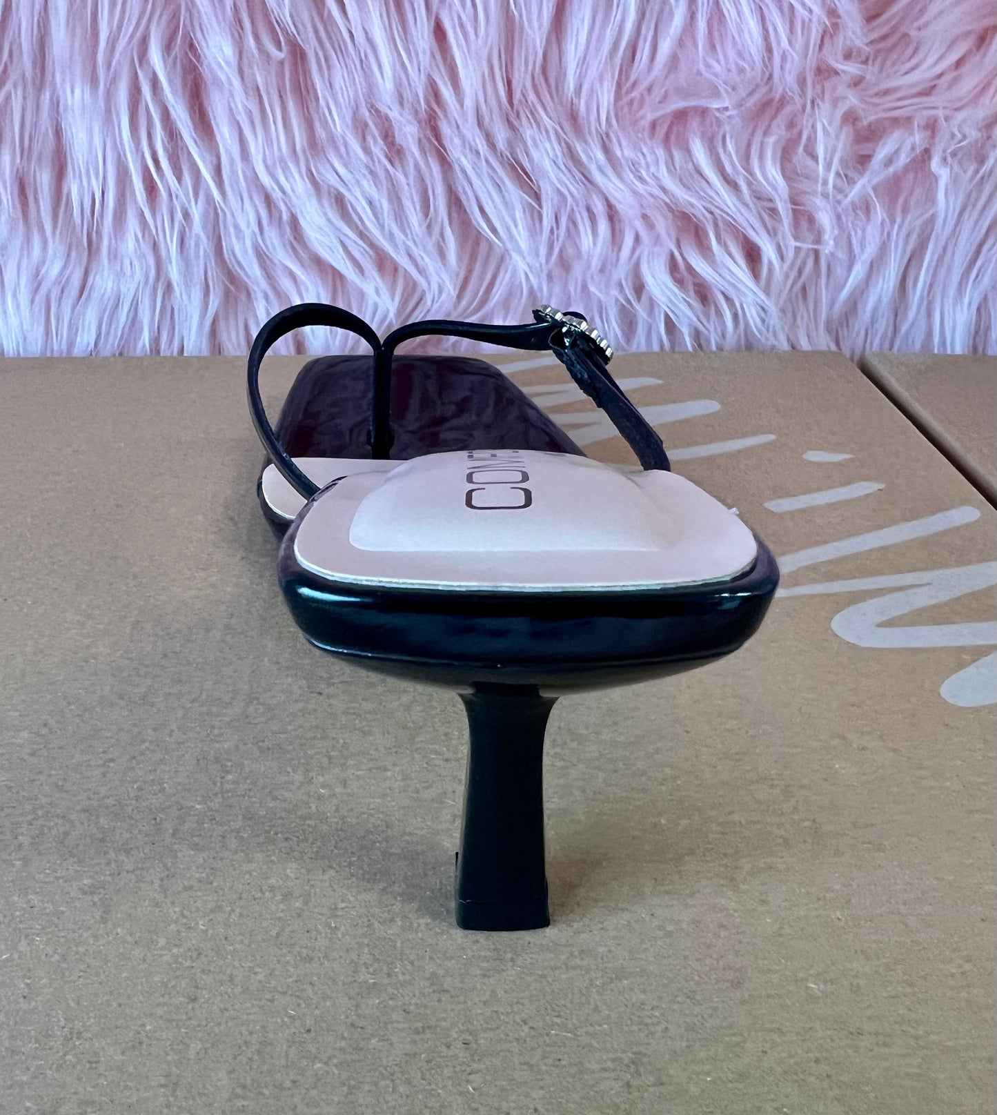 MERASA-12 Black Patent Leather Kitten Heel Open Toe