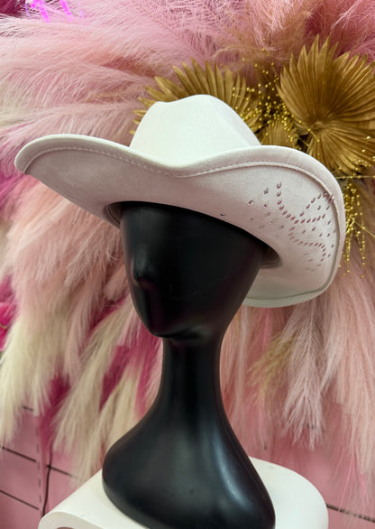 REBECCA IVORY FAUX SUEDE COWBOY HAT WITH SILVER STAR BAND AND STUDDED UNDERSIDE OF BRIM