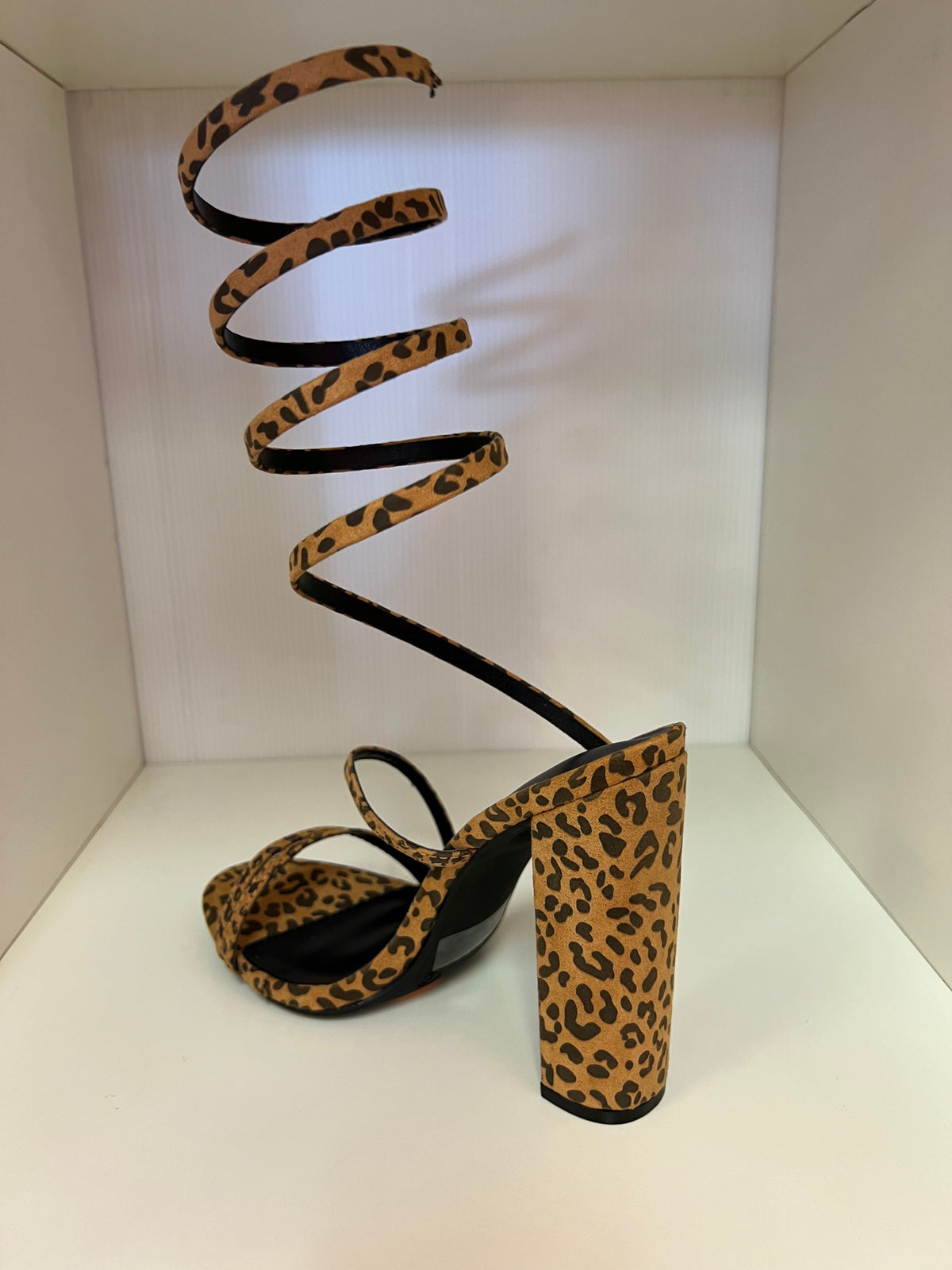 MORRINA-27B LEOPARD PRINT BLOCK HEEL WITH SPIRAL ANKLE STRAP