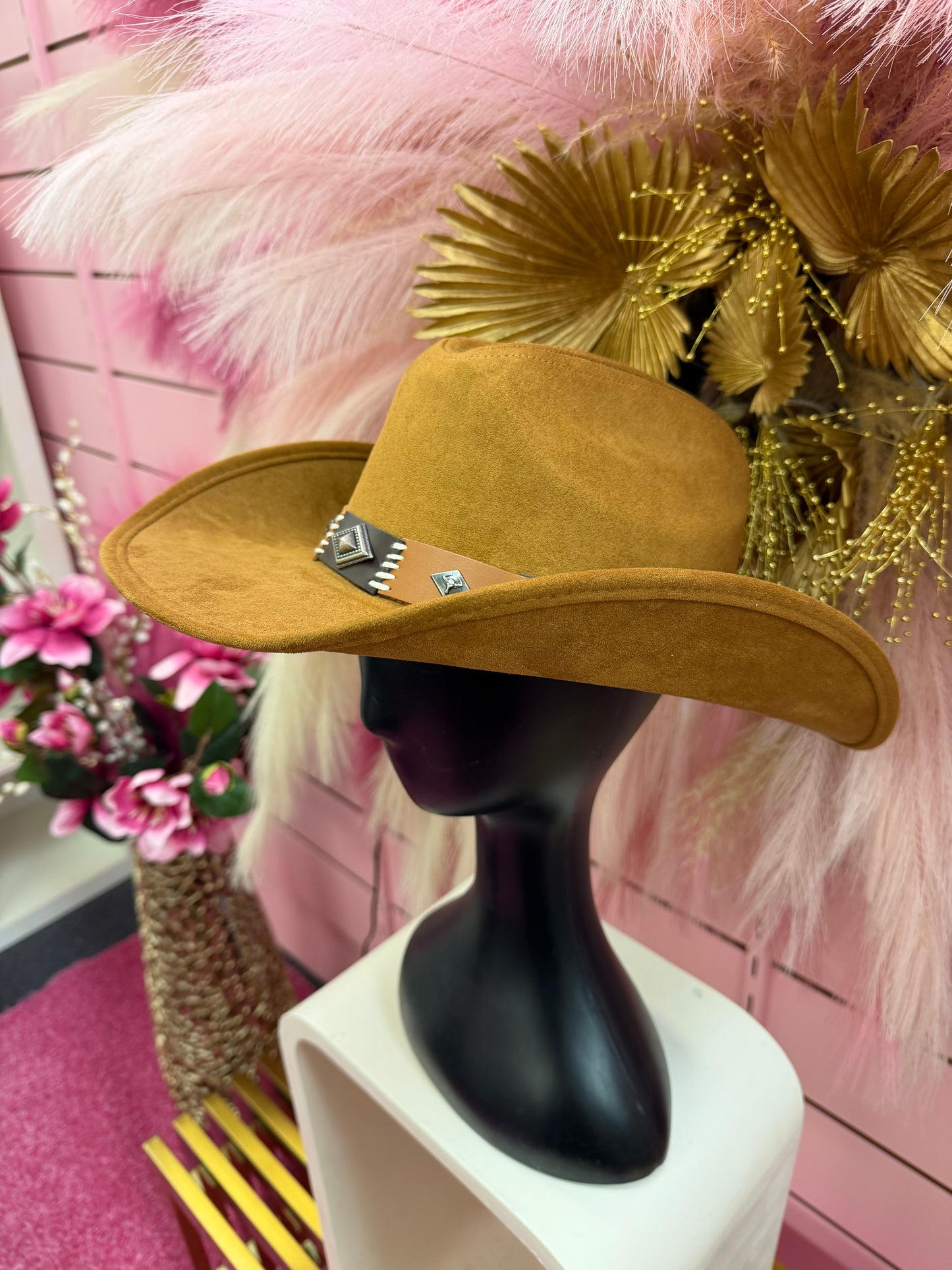CARLY TAN FAUX SUEDE COWBOY HAT WITH PATCHWORK BROWN AND TAN BAND