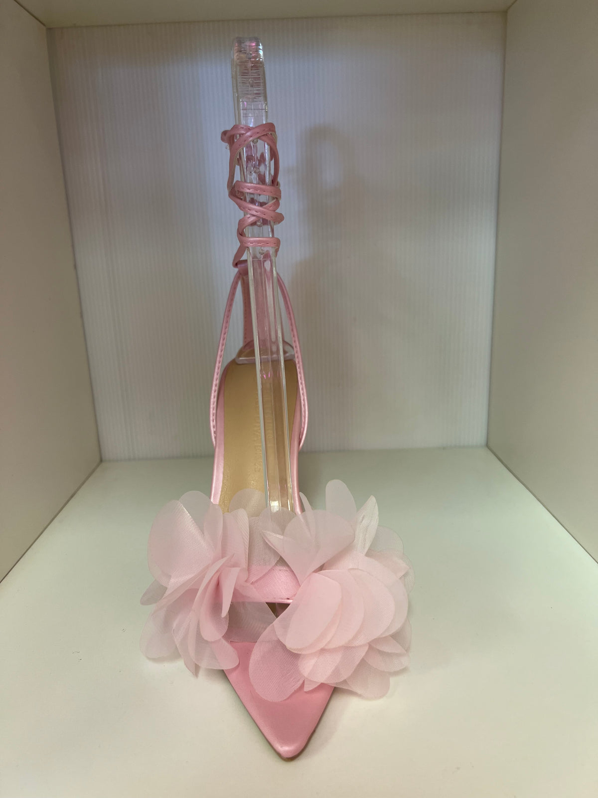 CARMINA-02 BABY PINK TIE UP OPEN POINTY TOE STILEETO HEEL WITH DELICATE FLORAL VAMP
