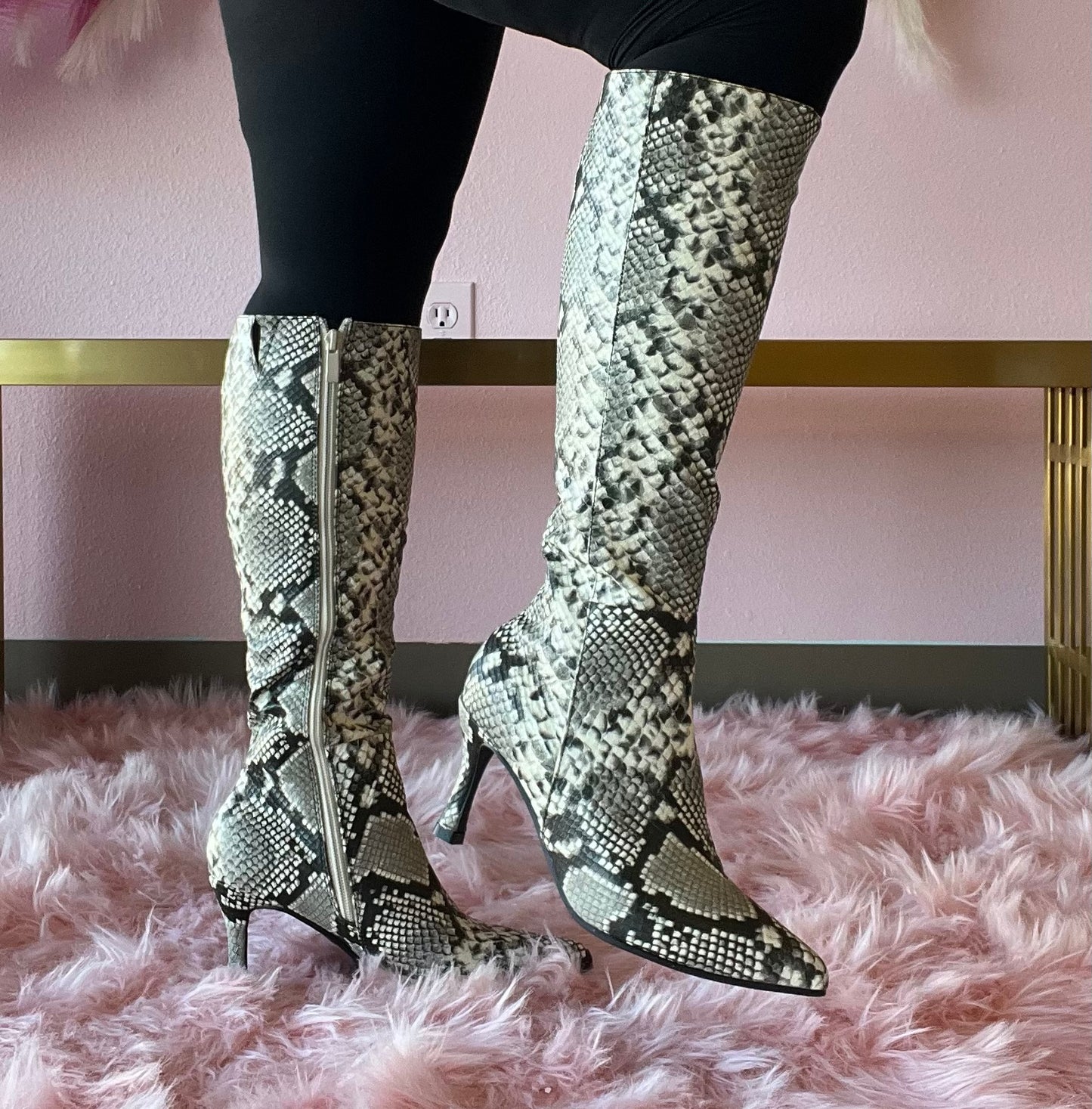 KAYLEE-1 Beige Faux Snake Knee-High Boot