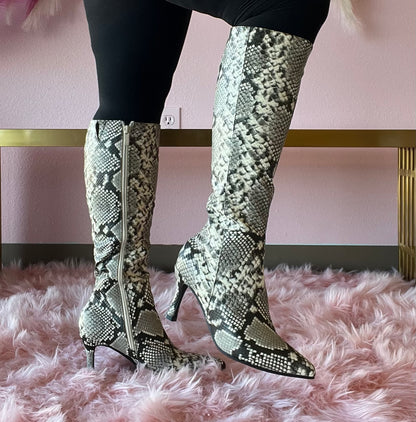 KAYLEE-1 Beige Faux Snake Knee-High Boot