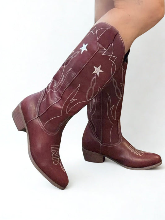 DARLA BURGUNDY-BROWN COWBOY BOOT WITH CONTRAST WESTERN STITCHING AND STAR DETAIL