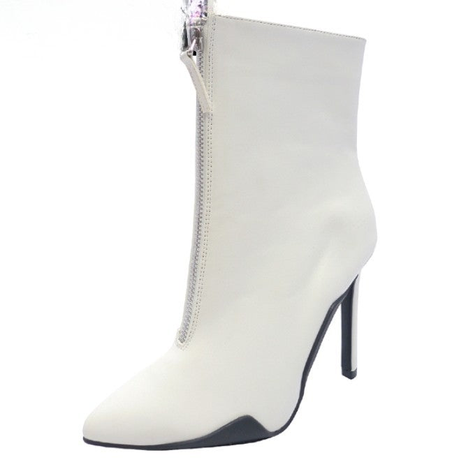 SHYY-02 WHITE FAUX LEATHER POINTY TOE STILETTO BOOTIE WITH FRONT ZIPPER