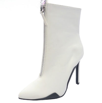 SHYY-02 WHITE FAUX LEATHER POINTY TOE STILETTO BOOTIE WITH FRONT ZIPPER