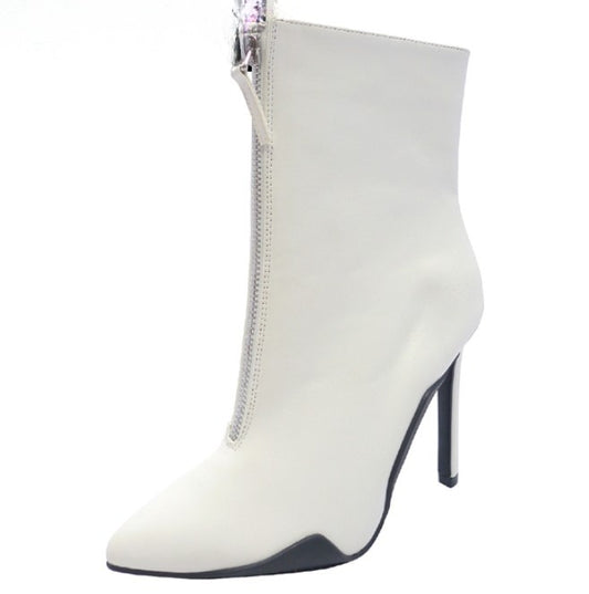 SHYY-02 WHITE FAUX LEATHER POINTY TOE STILETTO BOOTIE WITH FRONT ZIPPER