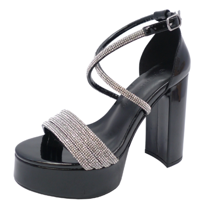GENEVA-06 BLACK PATENT LEATHER PLATFORM BLOCK HEEL WITH MULTISTRAP RHINESTONE VAMP AND CRISCROSS RHINESTONE STRAPS