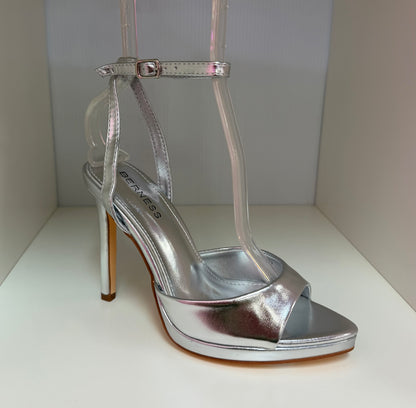 HINA SILVER METALLIC FAUX LEATHER PLATFORM STILEETO WITH ANKLE STRAP