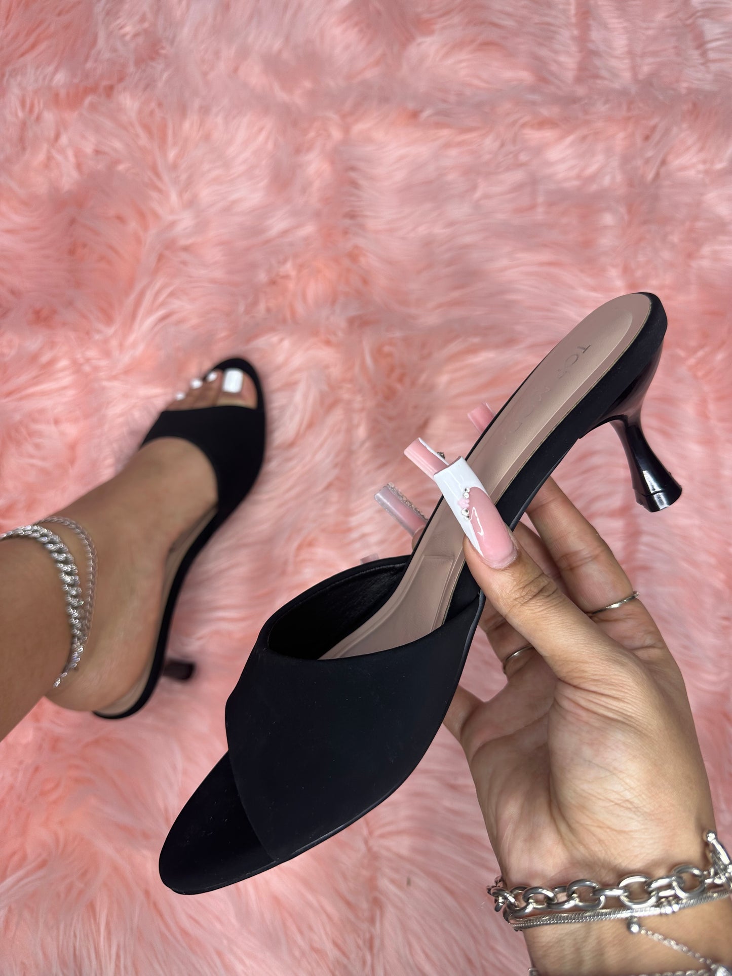 ANGIE-1 Black Kitten Heel Open Toe Mule Faux Patent Leather