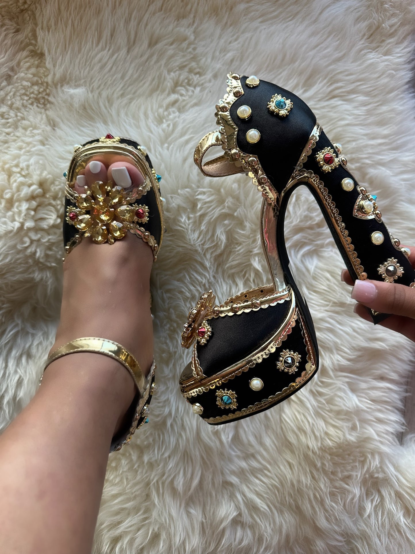 ROYAL-1 AG26 BLACK SATIN PLATFORM CHUNKY HEEL TRIMMED WITH GOLD FAUX LEATHER AND ALL OVER JEWELS