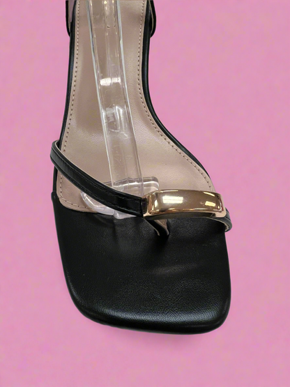 ELZA-01 Black Faux Leather Kitten Heel Open Toe Ring