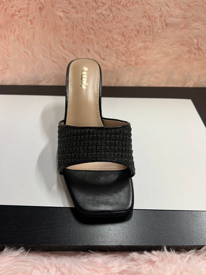 MARY-101 Black Woven Raffia Kitten Heel Open Toe Mule