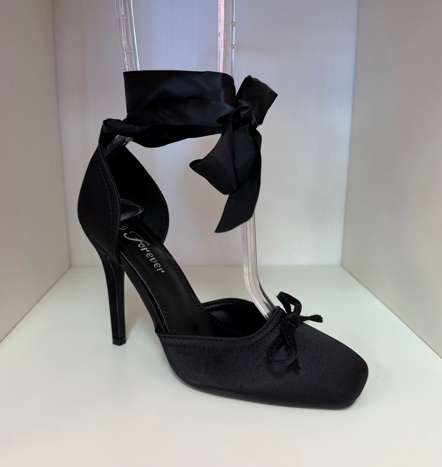 MIRACLE-11 BLACK SATIN TIE UP CLOSED TOE BALLERINA STILETTO HEELS