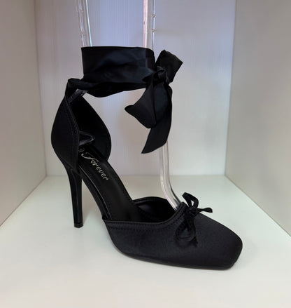 MIRACLE-11 BLACK SATIN TIE UP CLOSED TOE BALLERINA STILETTO HEELS