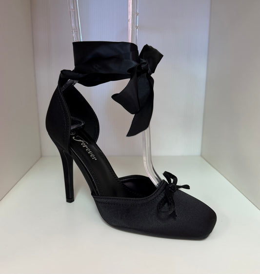 MIRACLE-11 BLACK SATIN TIE UP CLOSED TOE BALLERINA STILETTO HEELS