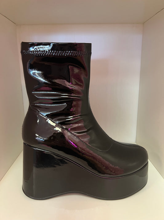 DOCIA-1 BLACK PATENT LEATHER ROUND TOE PLATFORM WEDGE ANKLE BOOTS