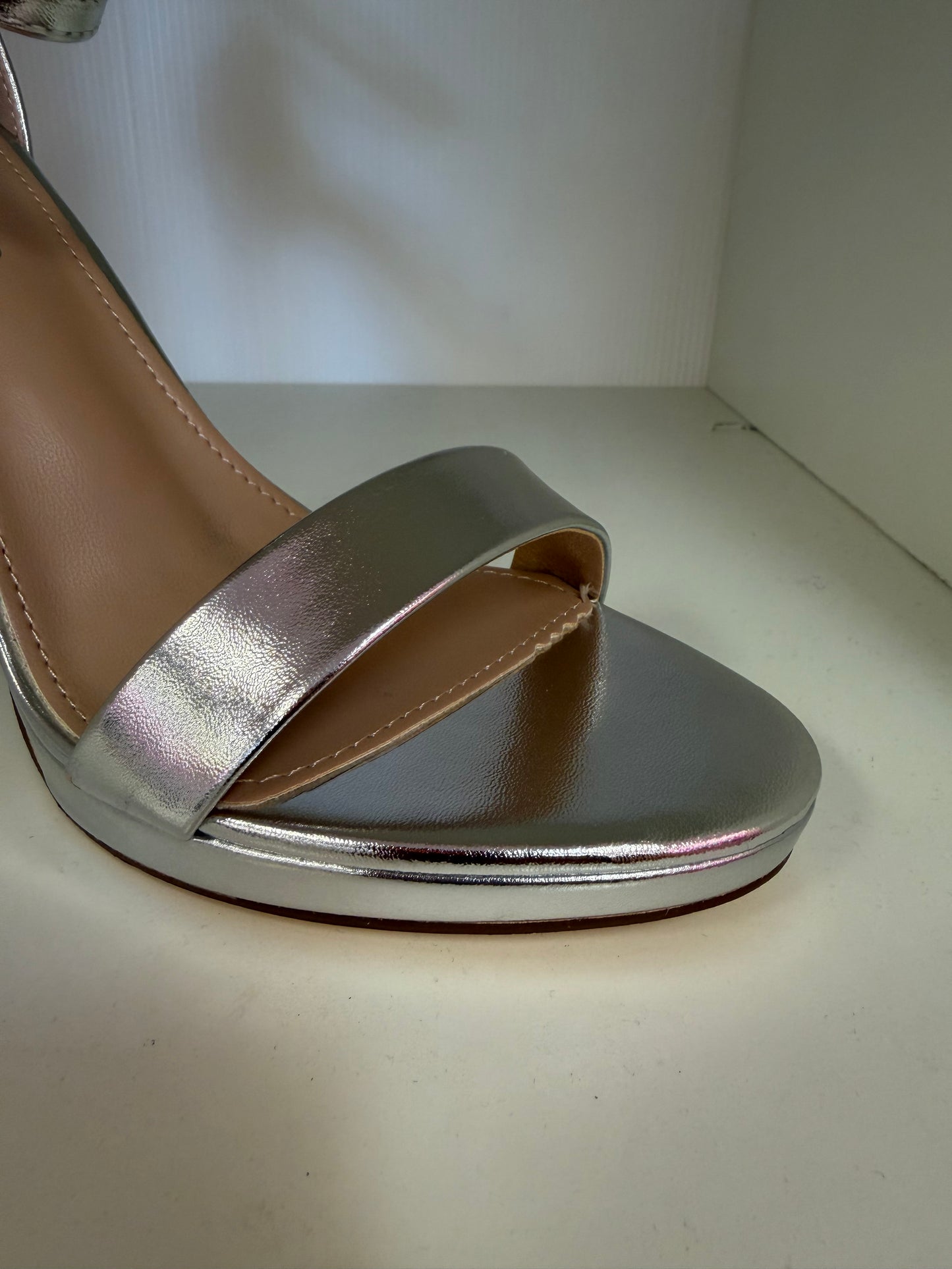 HILLARY AG26 SILVER FAUX LEATHER OPEN TOE PLATFORM STILETTO HEEL WITH ANKLE STRAP