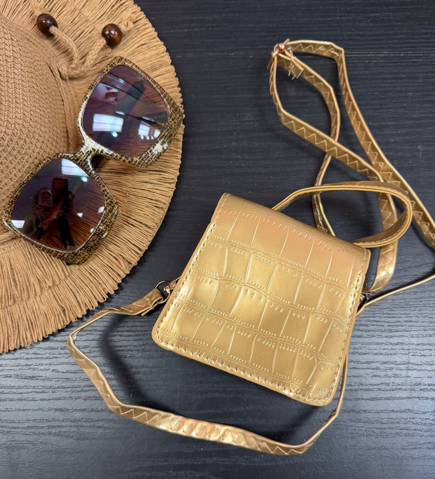 NEDRA GOLD EMBOSSED MINI BAG WITH CROSS BODY STRAP