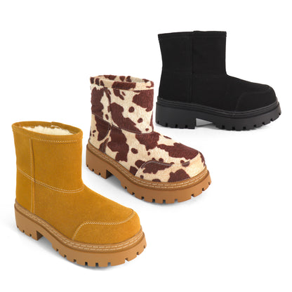 TORRIA-1 COW PRINT CHUNKY TOE WINTER ANKLE BOOT