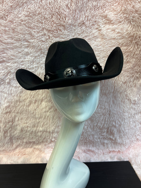 -faux suede cowboy hat in black

-black faux leather band with gunmetal stars detail

-interior ribbon inside hat to customize size

-stiff, sturdy structure