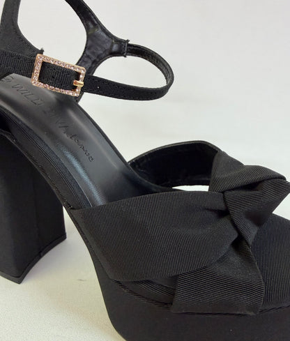 GENEVA-01 BLACK FABRIC KNOTTED STRAPS PLATFORM BLOCK HEELS