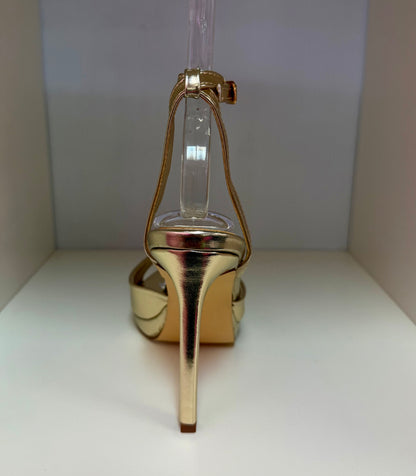 HINA GOLD METALLIC FAUX LEATHER PLATFORM STILEETO WITH ANKLE STRAP