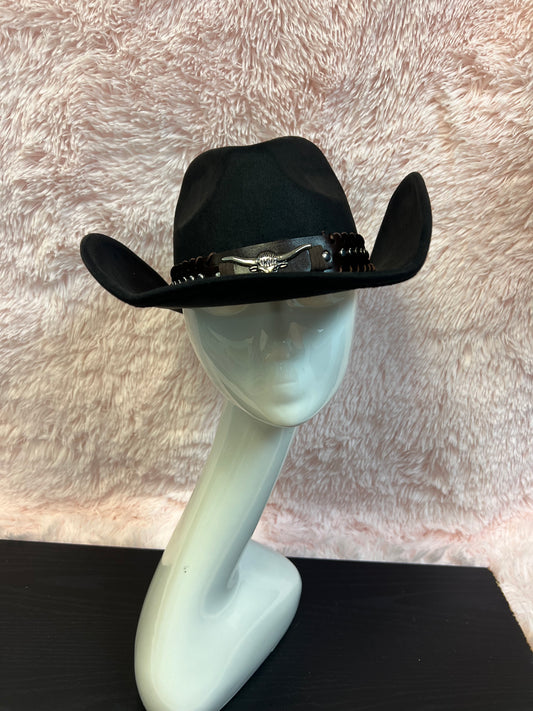 -faux suede cowboy hat in black

-brown faux leather band with silver studs and bull detail

-interior ribbon inside hat to customize size

-stiff, sturdy structure