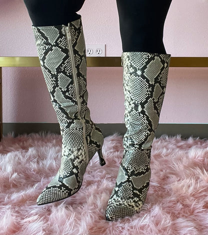 KAYLEE-1 Beige Faux Snake Knee-High Boot