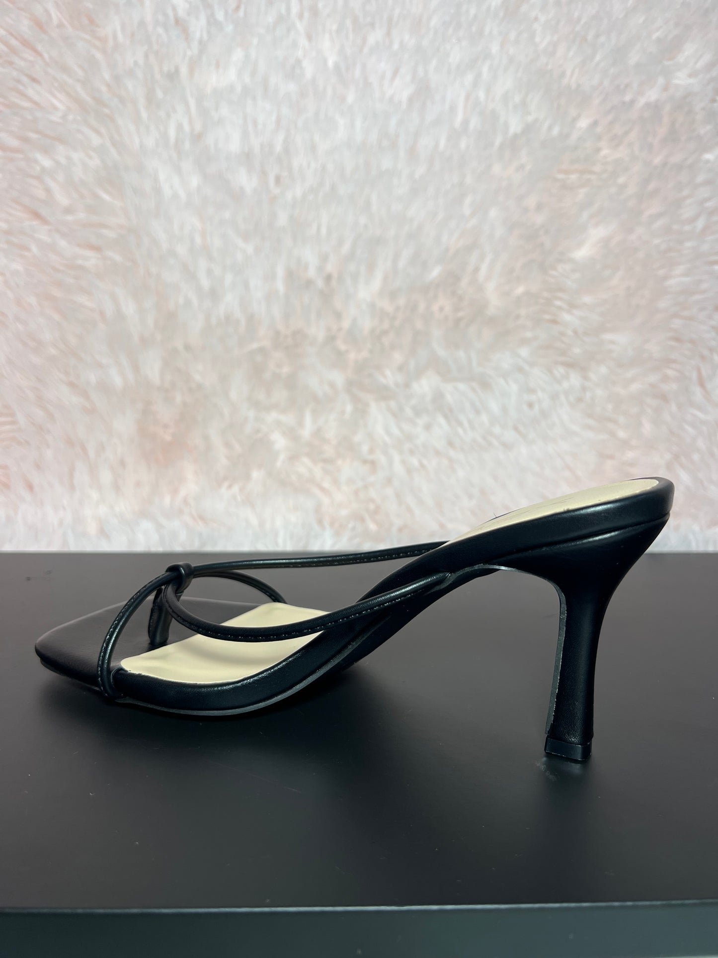 DOVIE-1N Black Kitten Heel Split Toe Black Faux Leather - Slip On - Square Open Toe