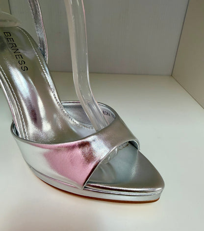 HINA SILVER METALLIC FAUX LEATHER PLATFORM STILEETO WITH ANKLE STRAP