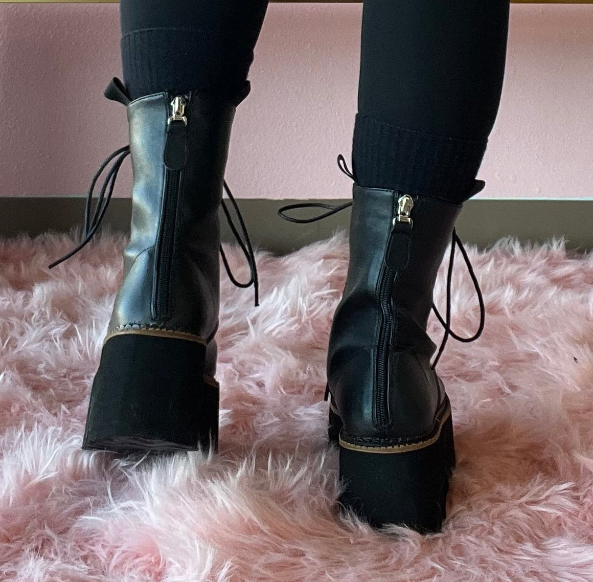 THE RIVETER Black Faux Leather Platform Combat Boot