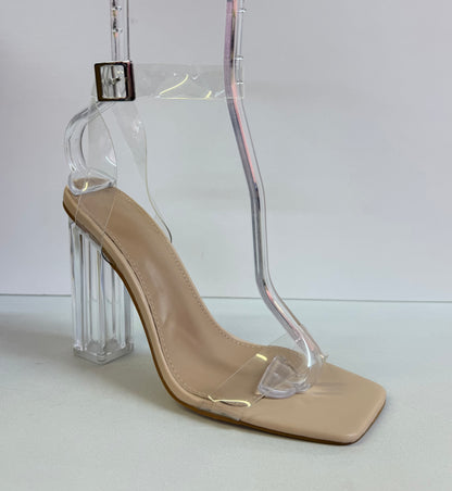 ZURI-01 CLEAR BLOCK HEEL SANDAL WITH BEIGE FOOTBED AND CLEAR VAMP AND ANKLE STRAP
