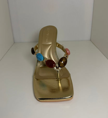 NOVARA-01 GOLD FAUX LEATHER SLIP ON SQUARE TOE SPLIT TOE THONG SANDAL WITH MULTICOLOR FAUX GEMSTONE DETAIL