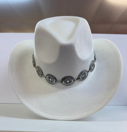 TANGO IVORY FAUX WOOL COWBOY HAT WITH SILVER OVAL CONCHO CHAIN BAND