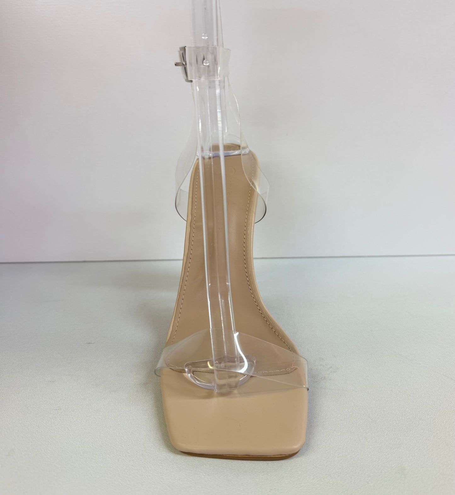 ZURI-01 CLEAR BLOCK HEEL SANDAL WITH BEIGE FOOTBED AND CLEAR VAMP AND ANKLE STRAP
