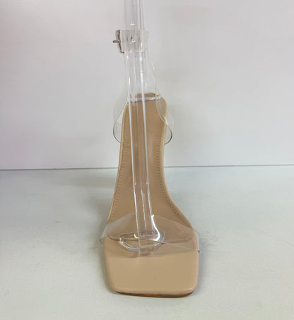 ZURI-01 CLEAR BLOCK HEEL SANDAL WITH BEIGE FOOTBED AND CLEAR VAMP AND ANKLE STRAP