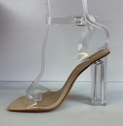 ZURI-01 CLEAR BLOCK HEEL SANDAL WITH BEIGE FOOTBED AND CLEAR VAMP AND ANKLE STRAP