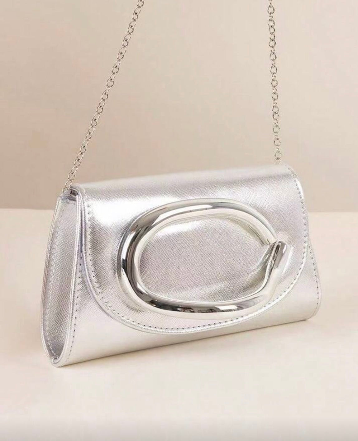 SABRINA SILVER FAUX LEATHER ENVELOPE CLUTCH