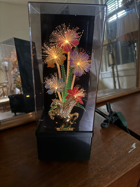 Vintage Fiber Optic Musical Flower Lamp Gold Unicorn Pegasus Changing Lights Original Box 80s