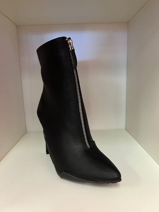 SHYY-02 BLACK FAUX LEATHER POINTY TOE STILETTO BOOTIE WITH FRONT ZIPPER