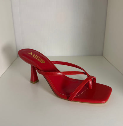 HALLIE-1 RED FAUX LEATHER STRAPPY SPLIT TOE SLIP-ON MULE KITTEN HEEL SANDALS