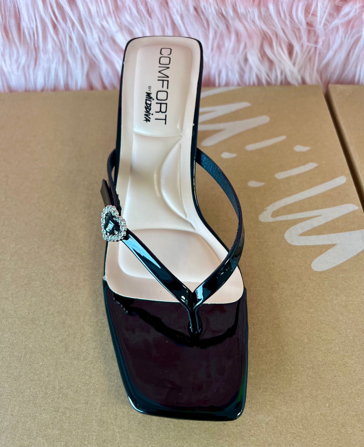 MERASA-12 Black Patent Leather Kitten Heel Open Toe