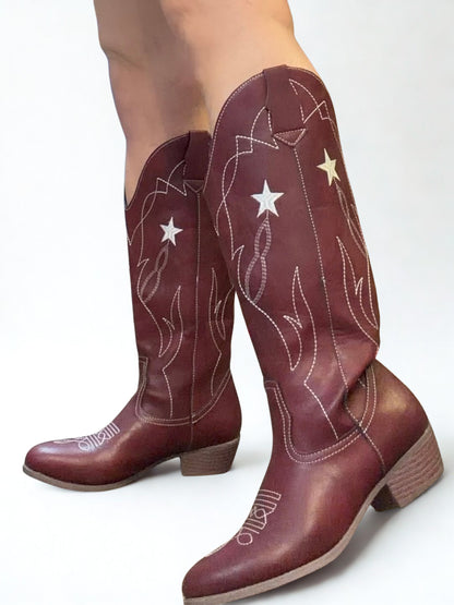 DARLA BURGUNDY-BROWN COWBOY BOOT WITH CONTRAST WESTERN STITCHING AND STAR DETAIL